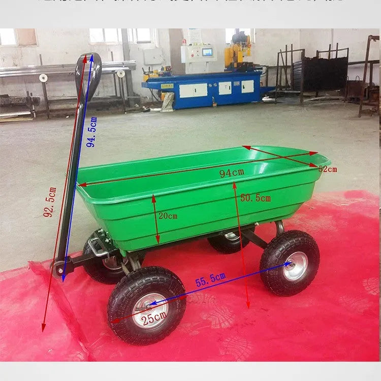 Green four-wheel plastic dump truck with steel frame and 940 mm length