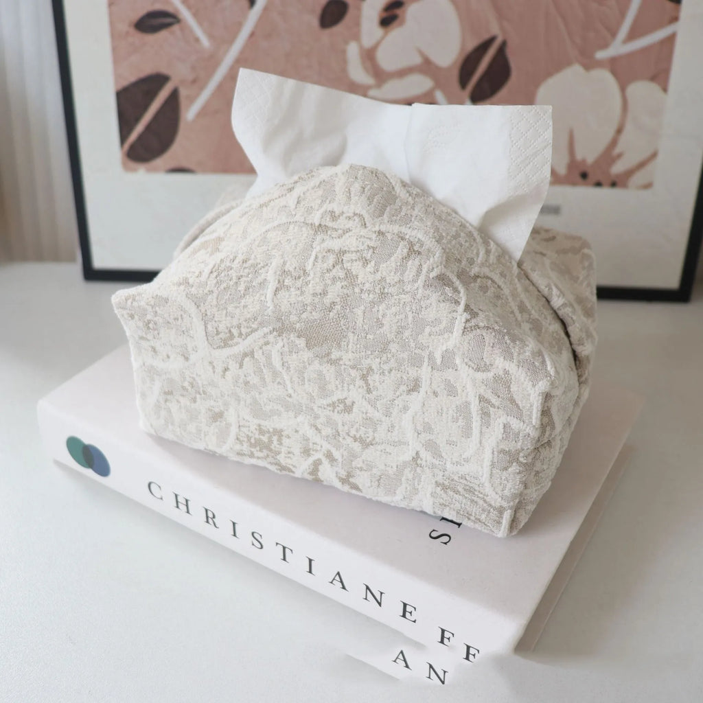 Chinese pastoral style cotton fabric tissue box with floral rose pattern in beige colour
