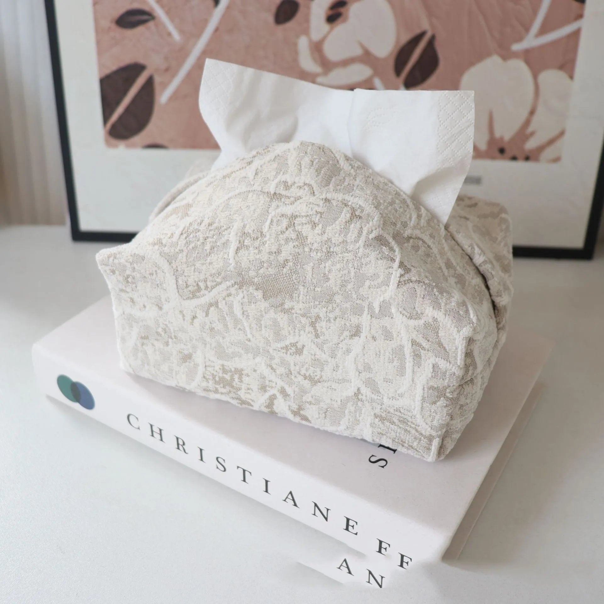 Chinese pastoral style cotton fabric tissue box with floral rose pattern in beige colour