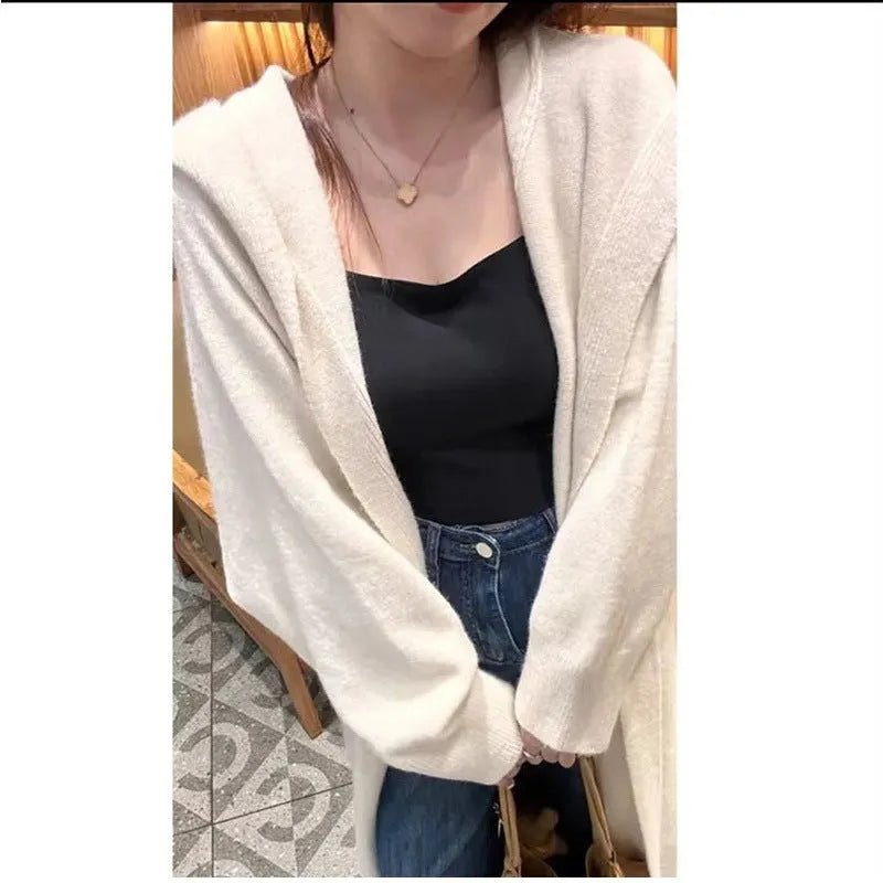 Korean style hooded long knitted cardigan for women in oatmeal colour, below knee length