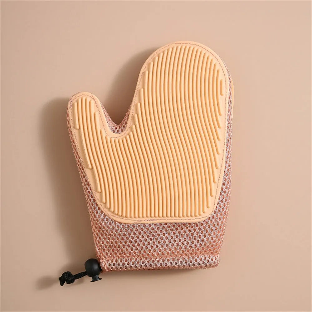 Right-hand pet grooming glove made of blue mesh fabric and TPR for removing dog and cat hair.