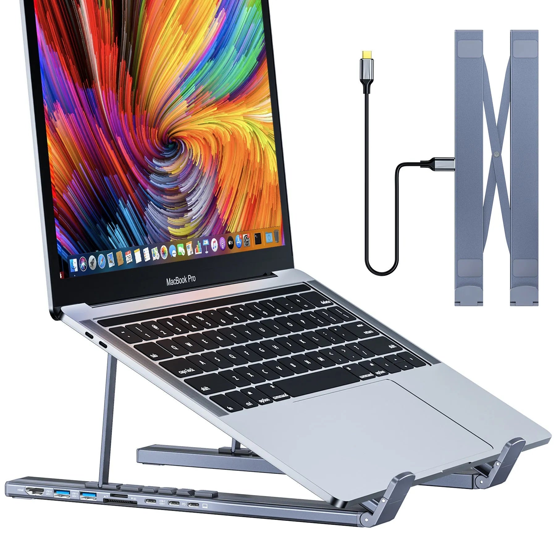 Aluminium alloy folding 8-in-1 docking station with laptop stand function