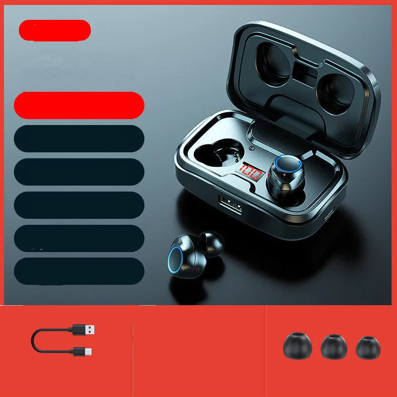 Wireless Bluetooth 5.0 in-ear headphones in black colour showing earplug design