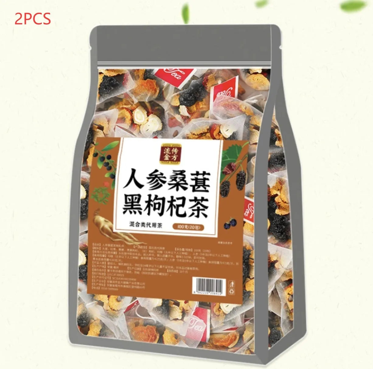 Ginseng Mulberry Black Wolfberry Tea package with 40 individual sachets, total weight 200g.