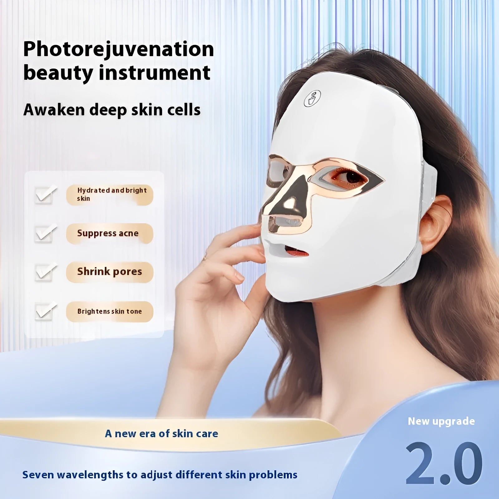 Rechargeable manual touch LED beauty mask facial device with white rose gold edge finish