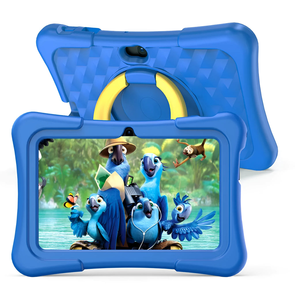 Blue children's education tablet with attached silicone protective cover and a blue rotating handle bracket.