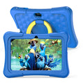 Blue children's education tablet with attached silicone protective cover and a blue rotating handle bracket.