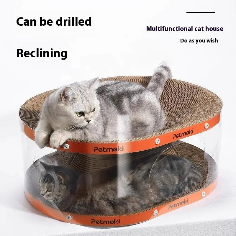 White transparent PVC cat nest tunnel with integrated scratch board showing diamond pattern design