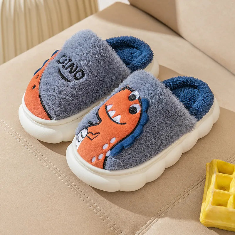 Cotton couple slippers with plush upper and dinosaur designs in three colour options