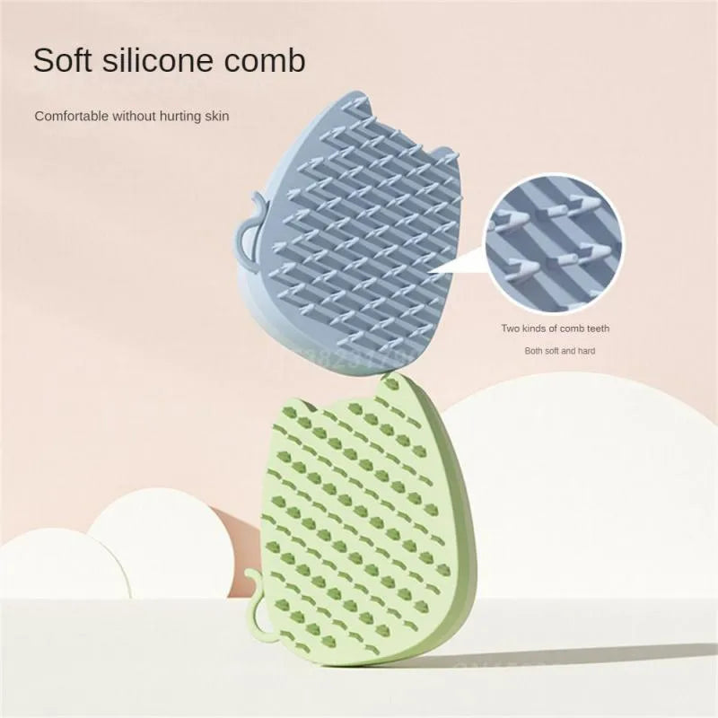 Brown sponge silicone pet grooming brush with dual-texture comb teeth on white background