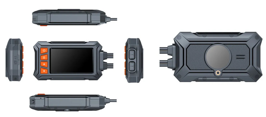 Motorcycle dash cam unit with 3-inch screen, dual lenses, GPS module, and installation cables on a black background.
