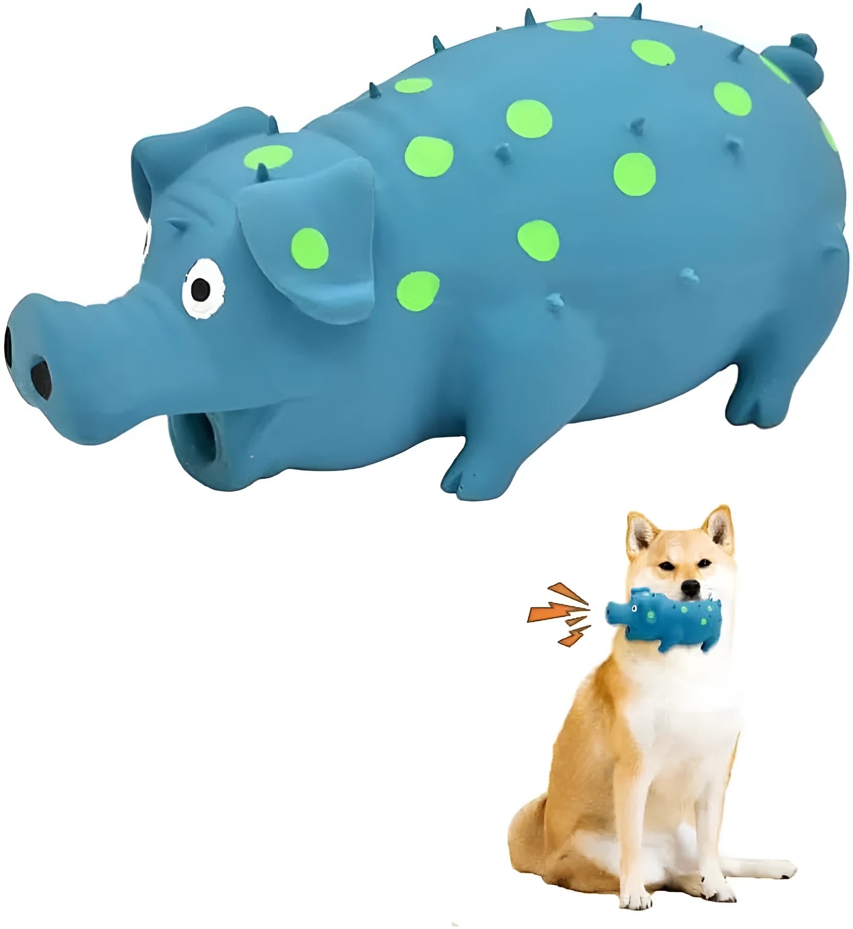 Blue latex squeaky pig dog chew toy measuring 20x10cm with textured surface