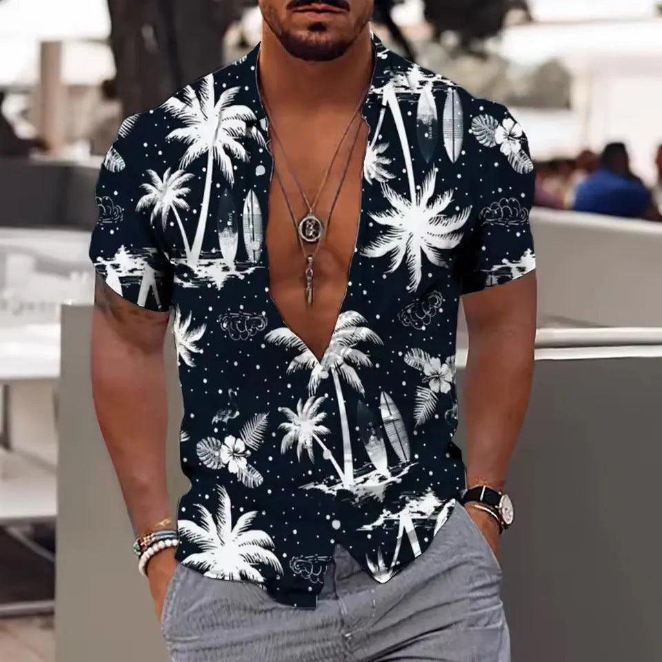 Men's loose fit floral printed short sleeve shirt in polyester fabric for summer casual wear