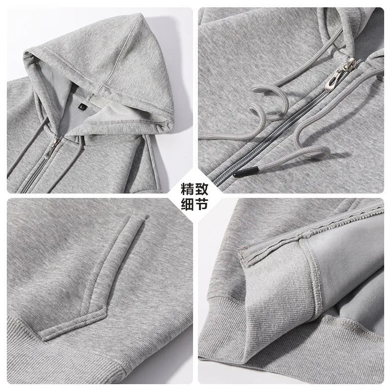 A beige men's plus-size zip-up hooded sweater with top-stitch pockets on a mannequin.