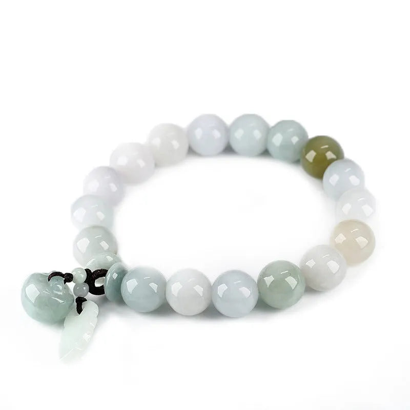 Jade hanging charm bracelet with geometric design and Buddhist symbolic pendant