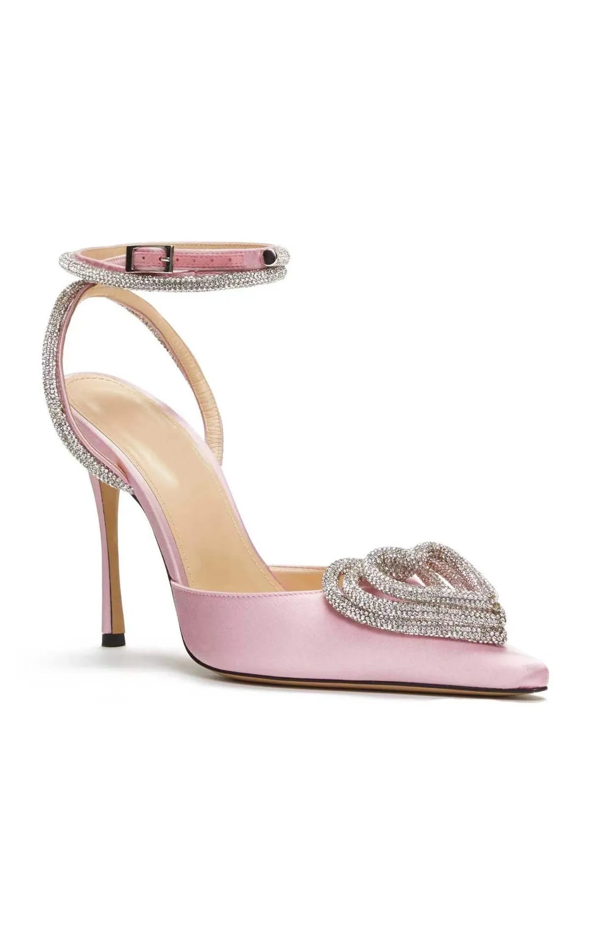 Women's pink satin sandals with heart-shaped rhinestone decoration and pointed toe design