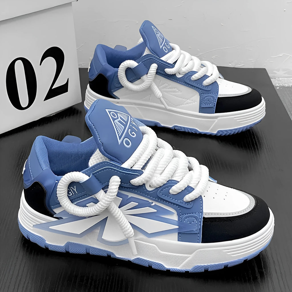 Men's white chunky sneakers with thick rubber sole, synthetic leather upper, and front lace-up.