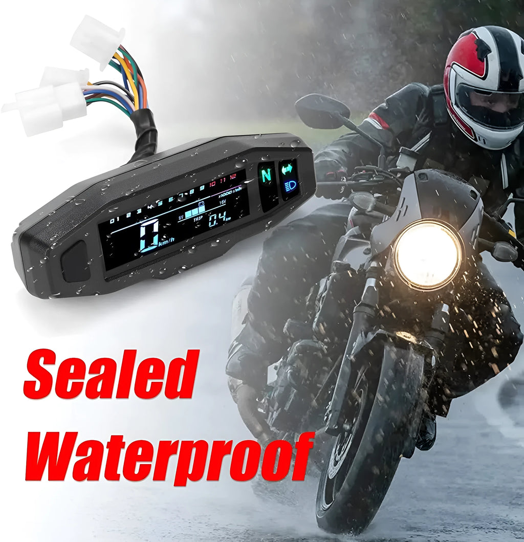 Black motorcycle mini speedometer with LCD display showing oil gauge and speed readings