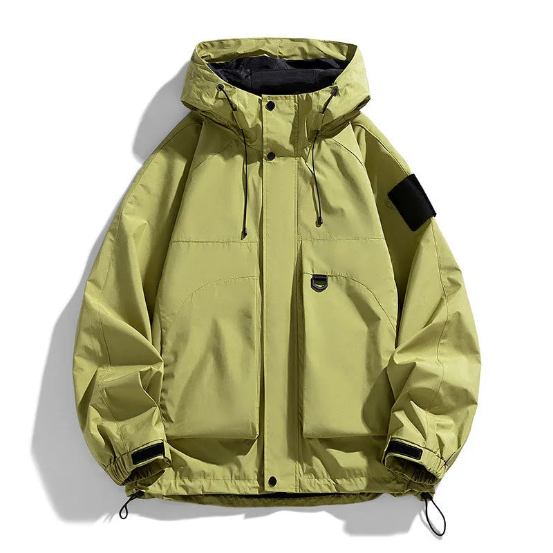 Men's windproof waterproof hooded coat in black, purple or ginger yellow colours with long sleeves