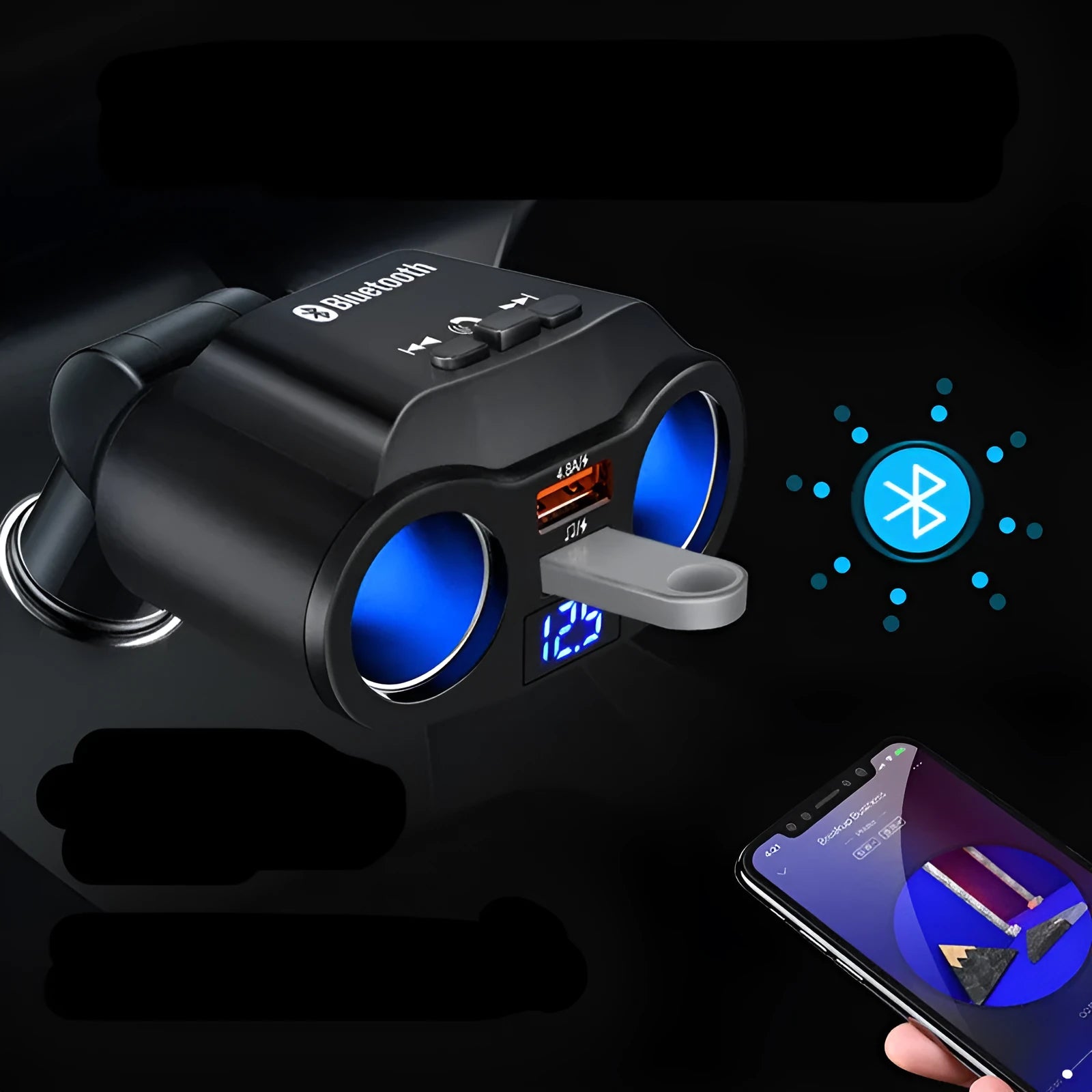 Black car Bluetooth FM transmitter with USB charging port plugged into a vehicle cigarette lighter socket