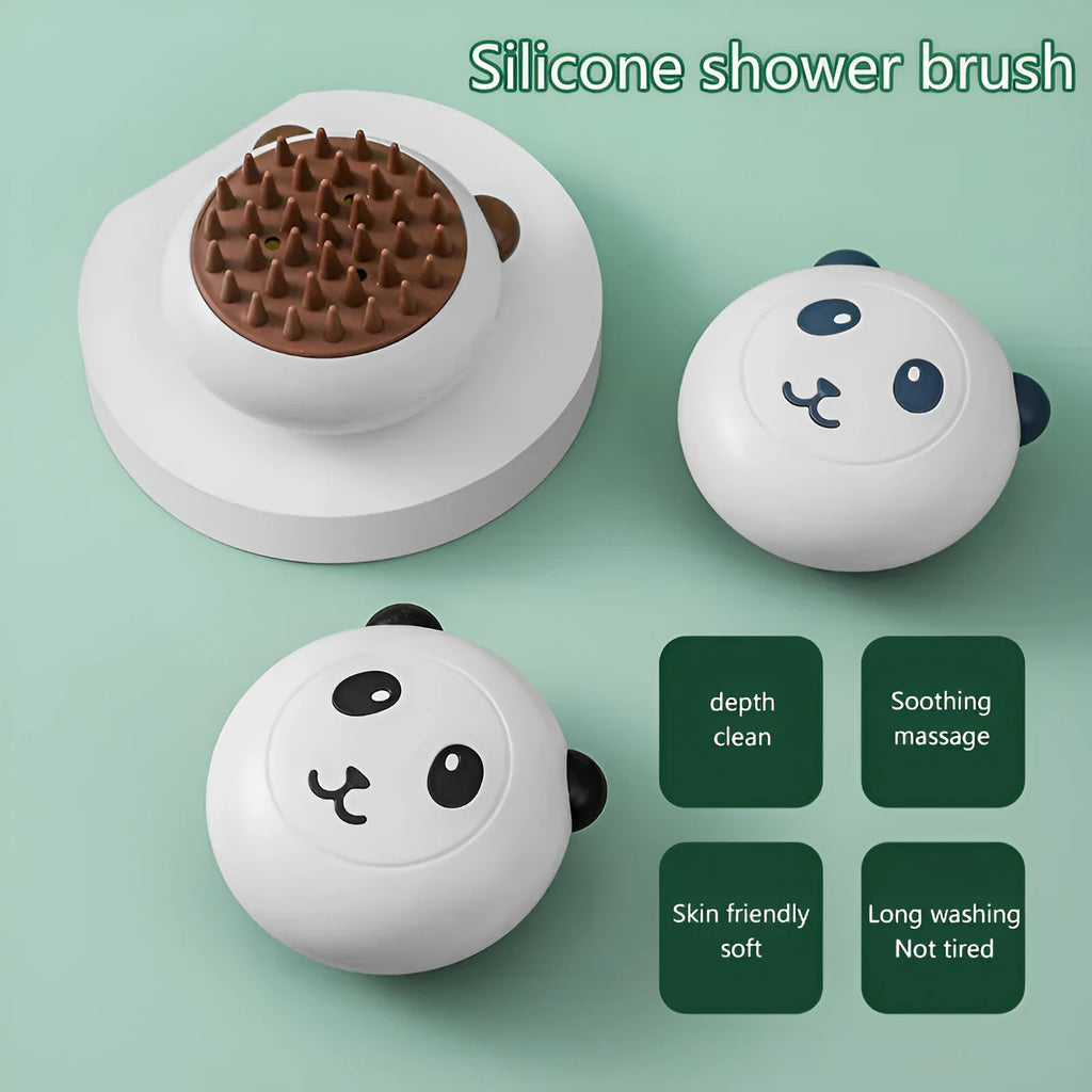 Panda-shaped silicone pet bath brush with soft bristles for cleaning cats and dogs