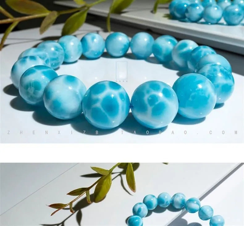 A blue sea-pattern stone and pearl bodhi bracelet in Maillard style, shown in various sizes from 6mm to 14mm.