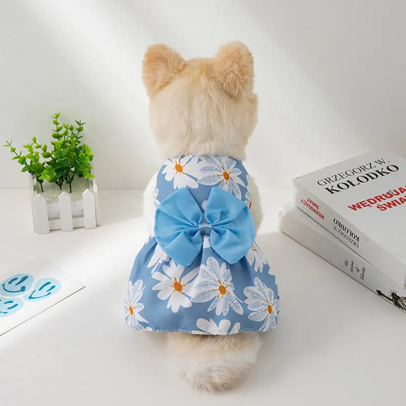 Pet princess dress with floral butterfly knot in ultra-thin polyester fabric for summer wear