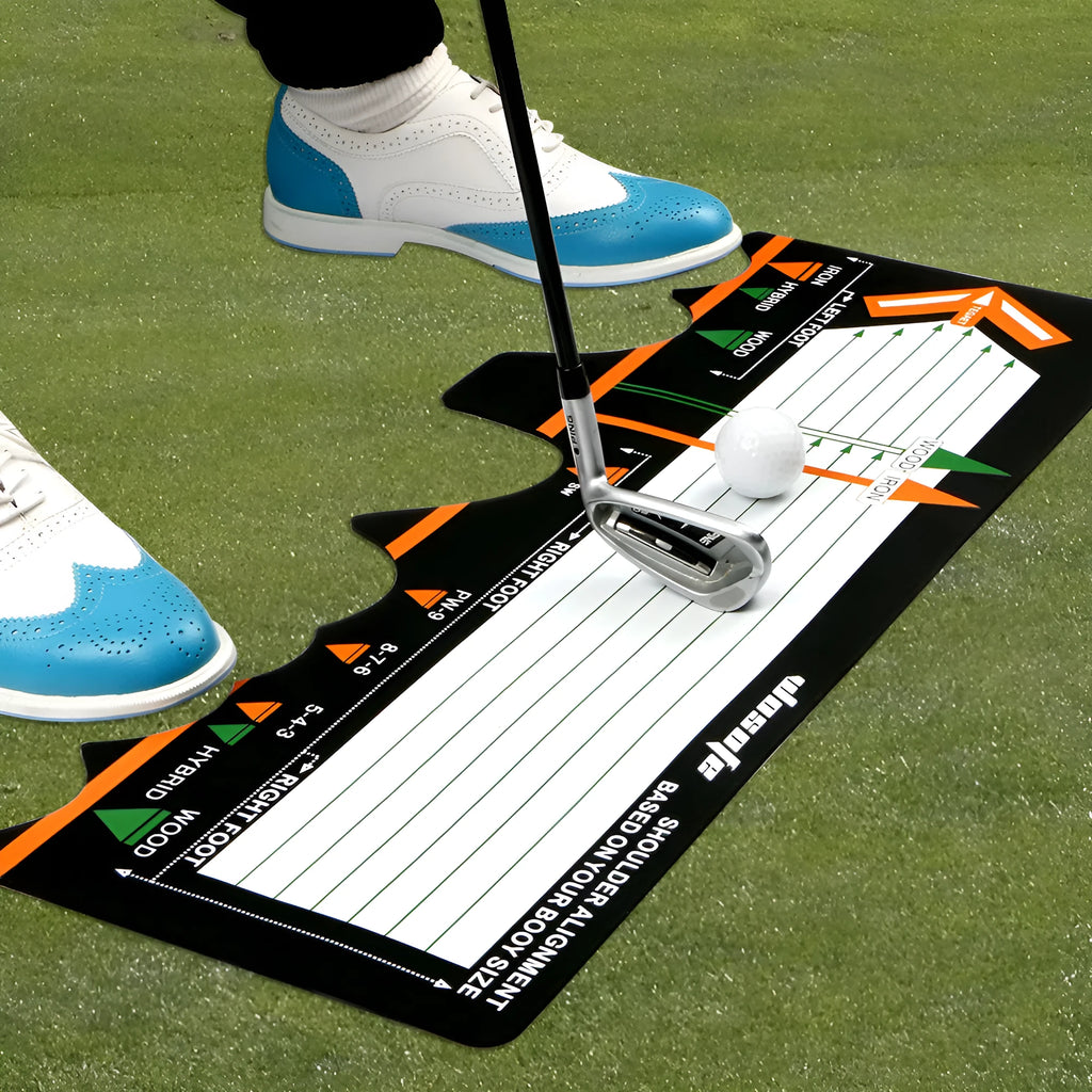 Black neoprene golf swing posture pad for stance alignment and training
