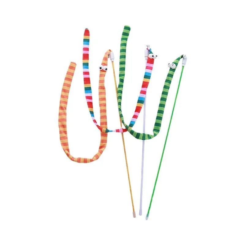 Long plush cat teaser wand toy with polycarbonate handle and colourful soft strip