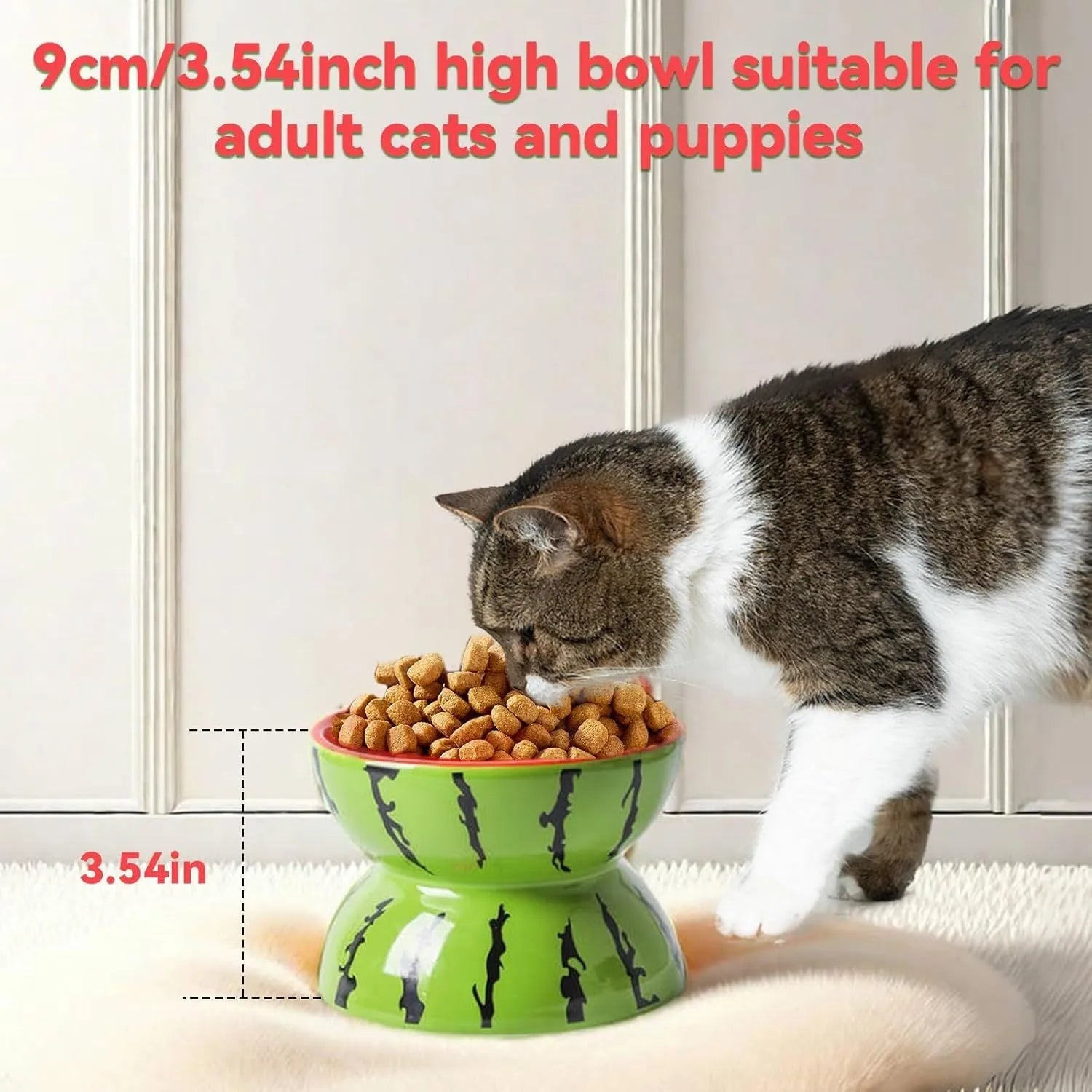 Ceramic raised cat bowl with elevated platform and tilted wide dish design