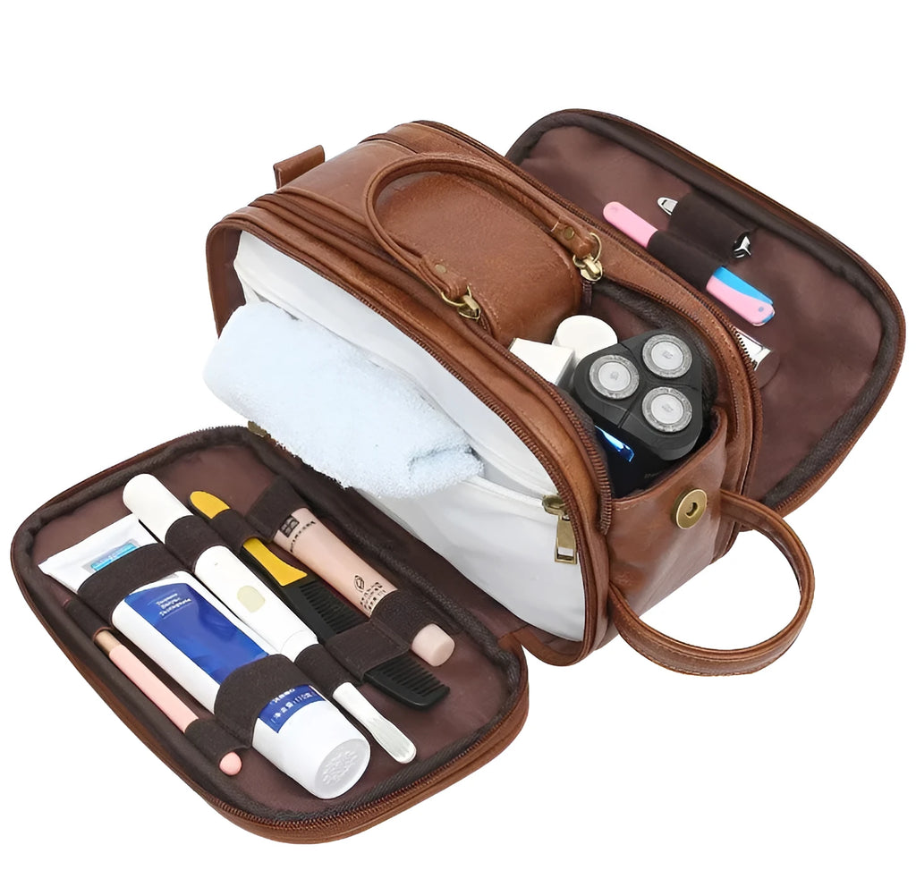 Men's black PU leather toiletry bag with zip, shown closed, dimensions 20cm by 10cm.