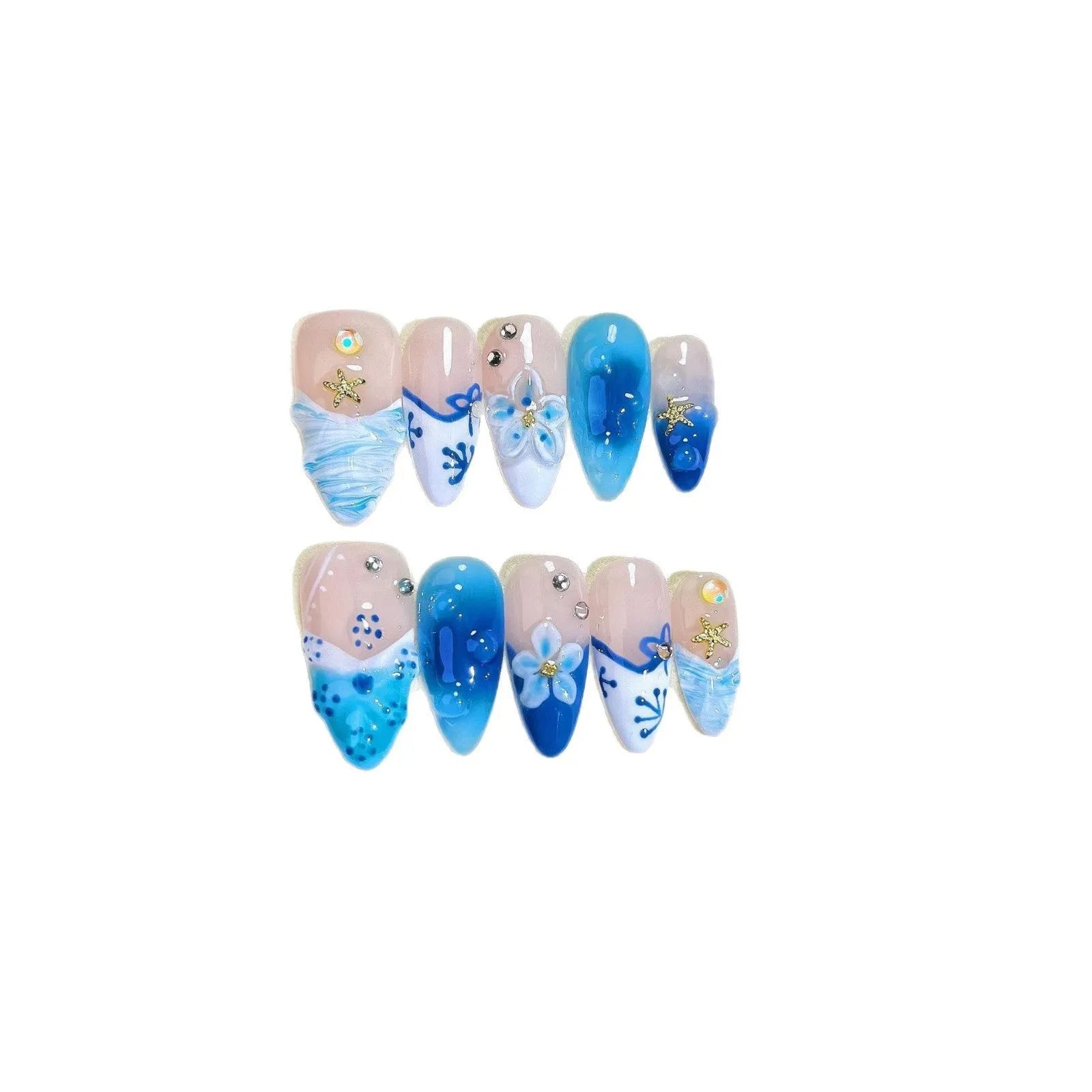 Blue hand-painted carved plastic fake nails set in sizes XS, S, M, L.