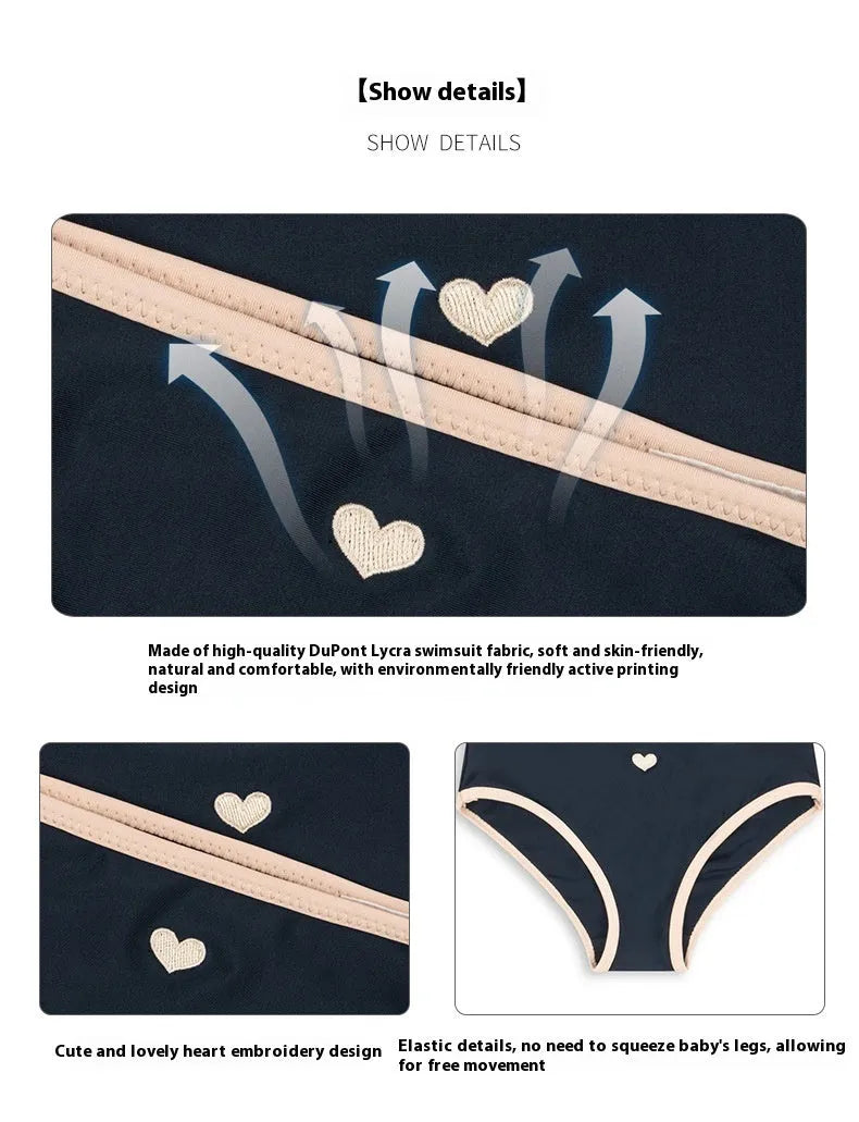 Dark blue baby split swimsuit for girls with high elasticity lycra lining, sizes 90cm to 130cm.