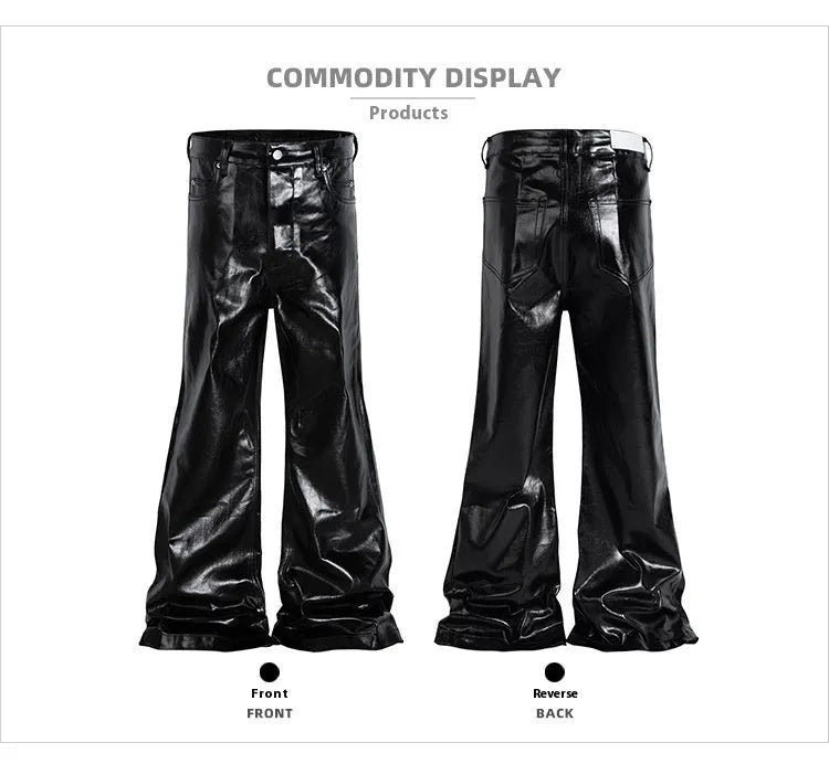 Black shiny patent leather coated skinny jeans straight leg cut mid waist cotton denim