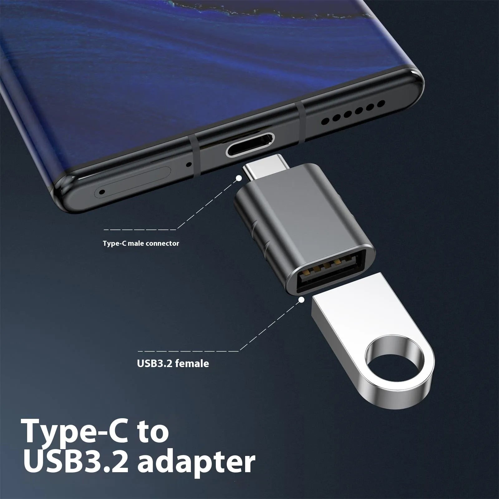 Zinc alloy USB-C to USB-A converter adapter in metallic finish for 10Gbps data and charging