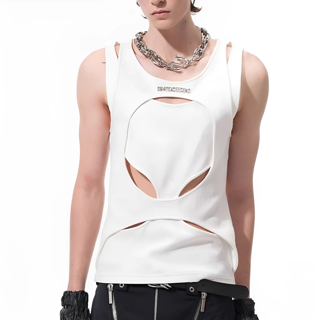 Men's loose fit sleeveless waistcoat in hollow white thread construction