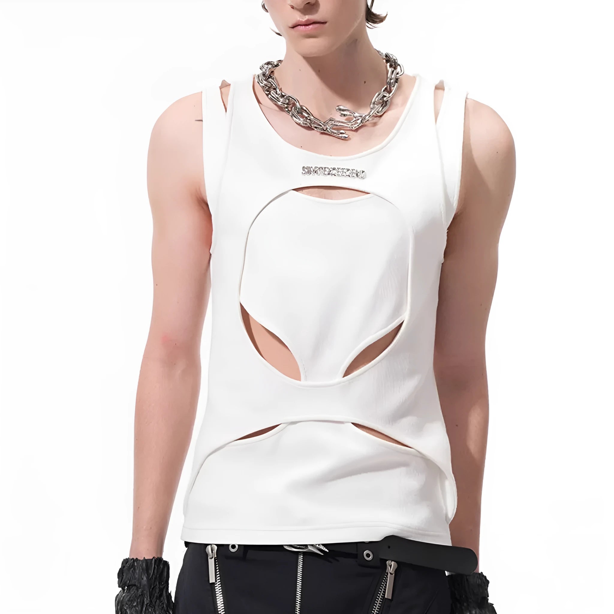 Men's loose fit sleeveless waistcoat in hollow white thread construction