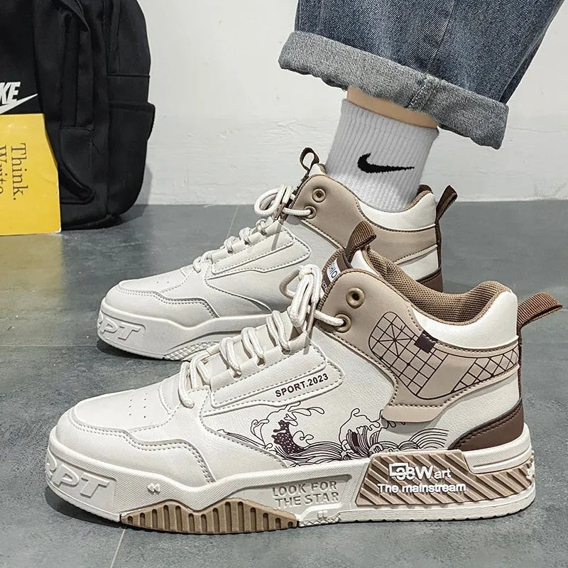 Men's beige high-top board shoes with lace-up front and rubber sole