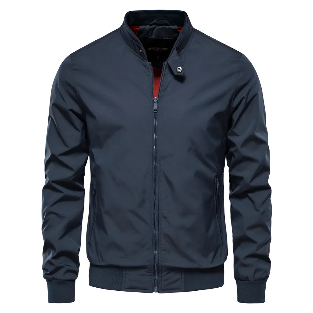 Men's solid colour casual lightweight polyester jacket shown in army green, black, or dark blue.