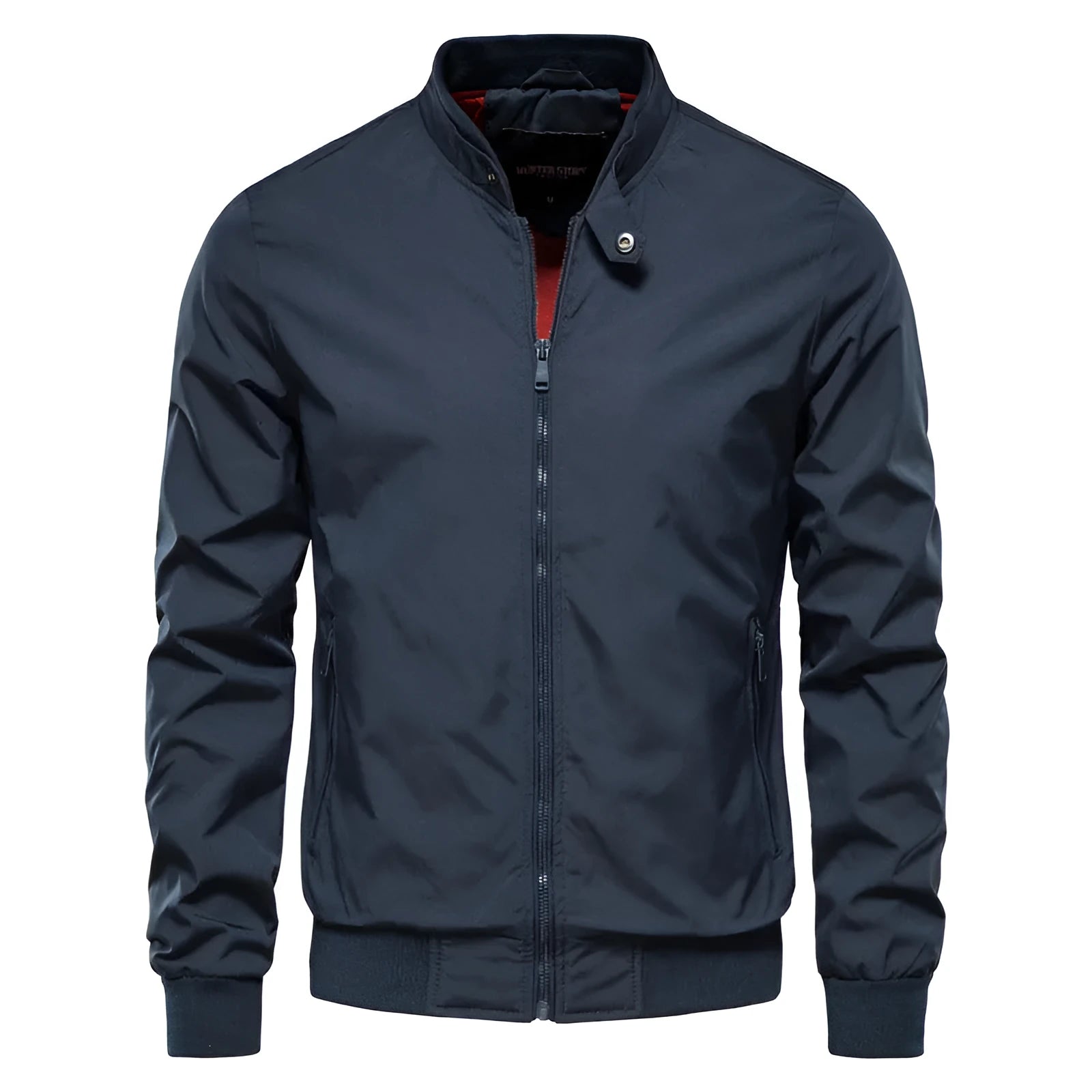 Men's solid colour casual lightweight polyester jacket shown in army green, black, or dark blue.