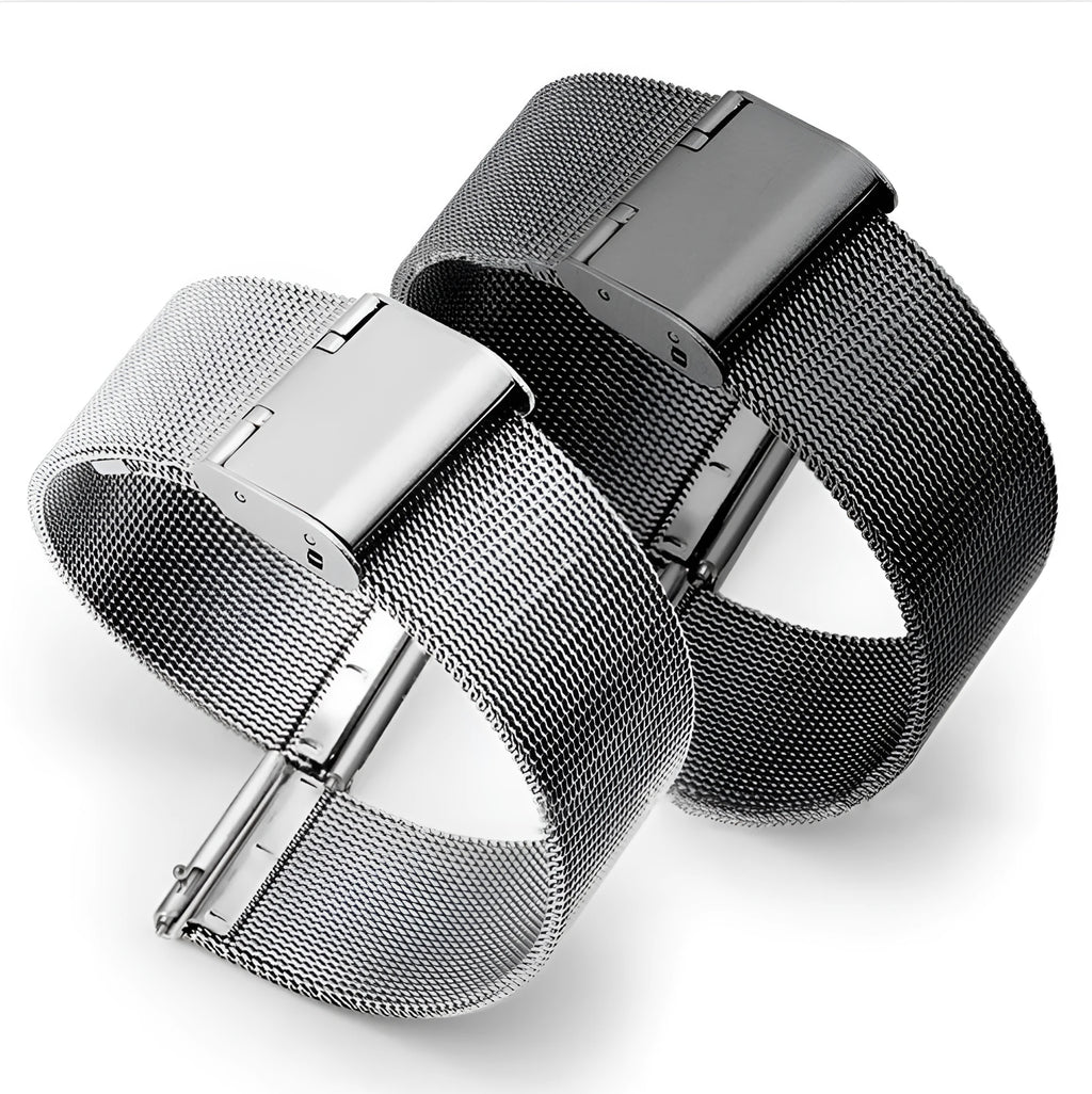 Milani Silk Woven Stainless Steel Watch Band in silver, black, rose gold, and gold colours with various bandwidth sizes