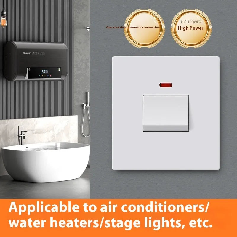 High-current double-break electrical switch with light panel indicator in gold, grey, or white finish.