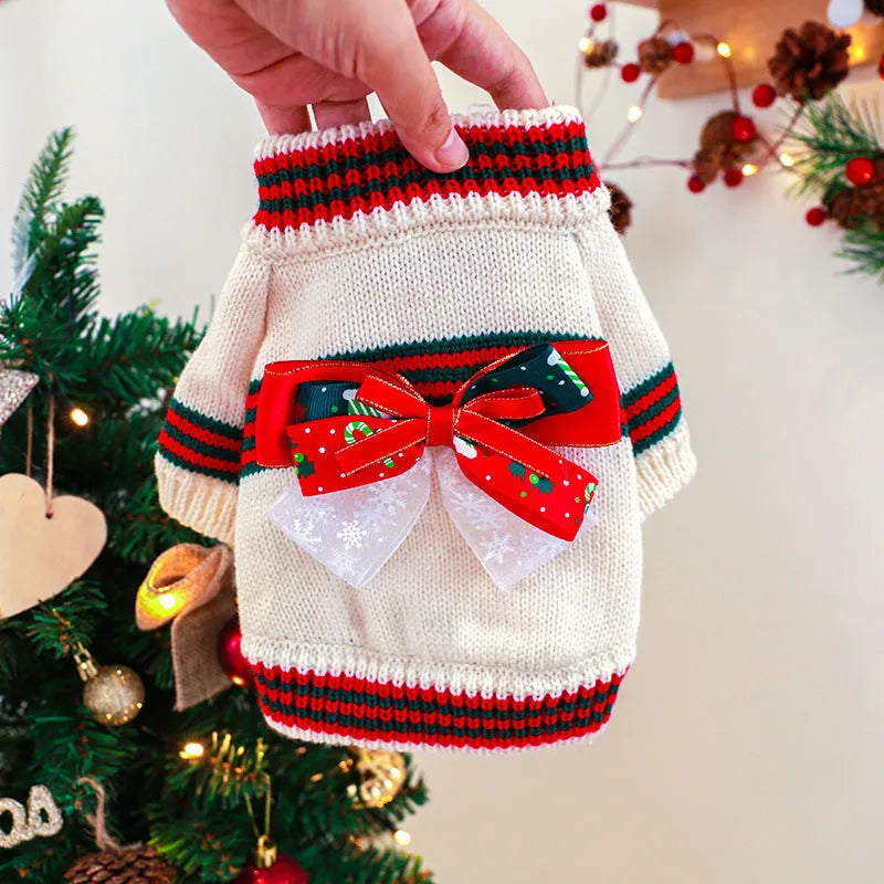 Red and green polyester Christmas jumper for a small dog or cat, showing size range from XS to XL.