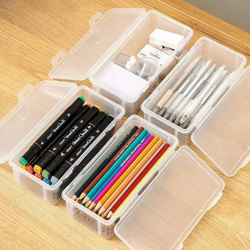 Transparent plastic pencil storage box with large capacity for crayons and colouring pencils.