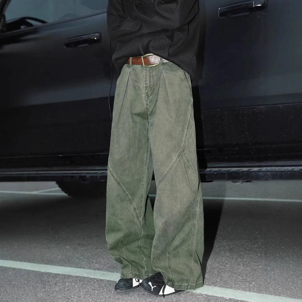 Men's pleated straight trousers in cotton blend fabric with stripe pattern and elastic waistband