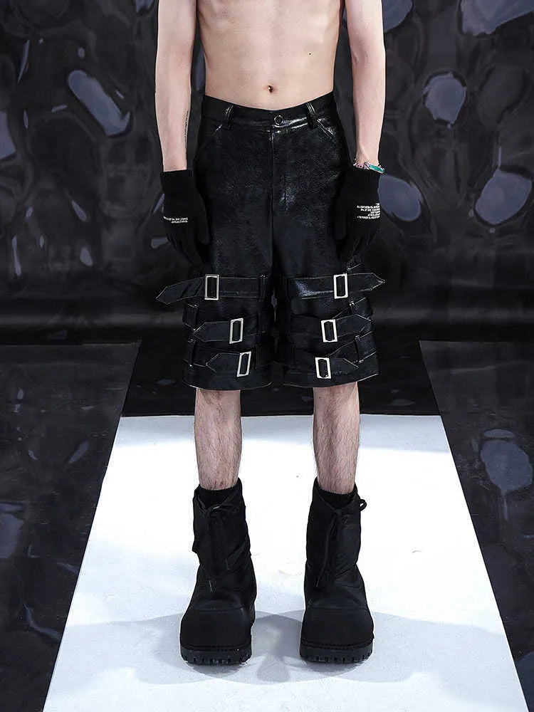 Men's black PU leather casual cropped shorts with leather ring detailing, medium to low waist design