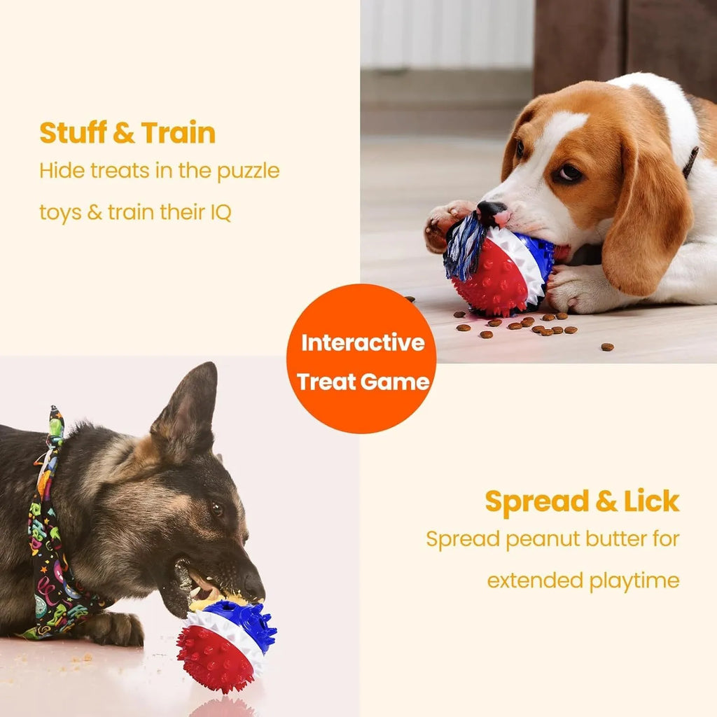 Blue and red squeaky treat-dispensing dog ball toy for large breeds on a plain background.