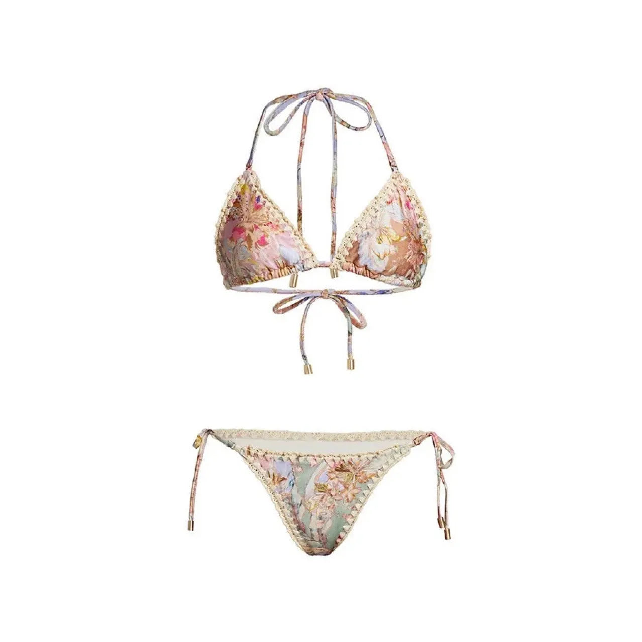 Women's creamy-white floral bikini set with removable skirt on size label