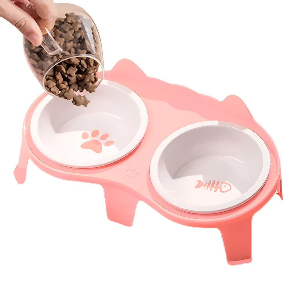 Blue ceramic cat food and water bowls on a white elevated ABS stand with a hook.