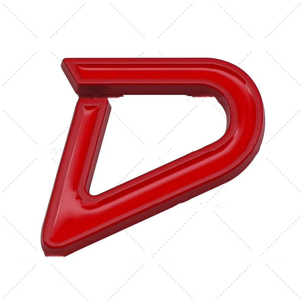 SD and D pattern metal car bumper stickers in red, silver, and black colour combinations